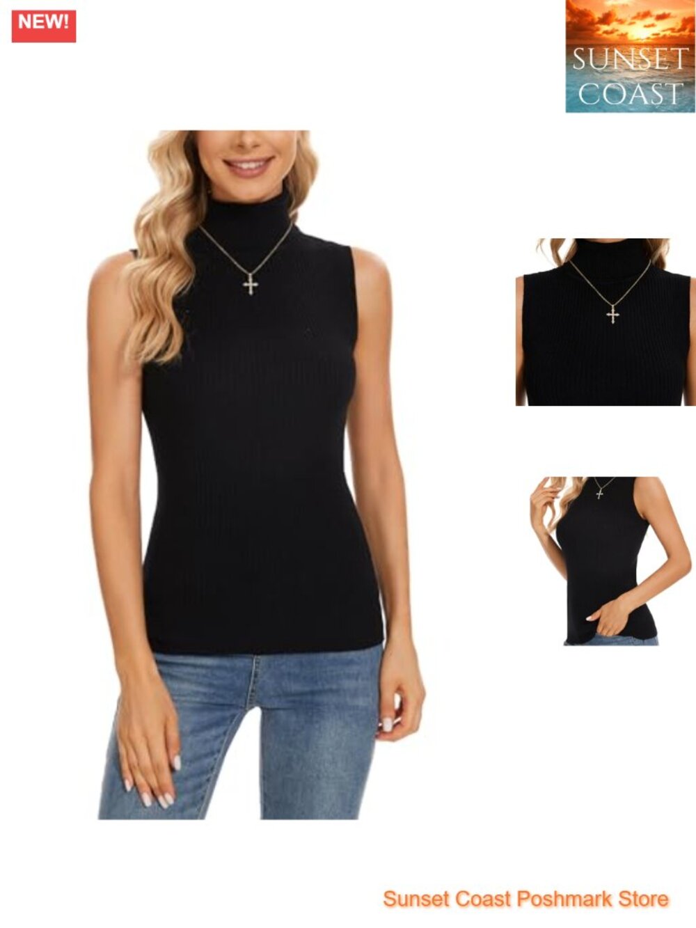Slim Fit Knit Sleeveless Turtleneck Vest Top for Women